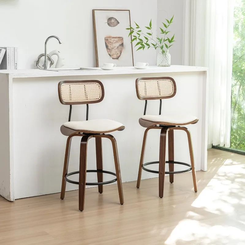 2 PCS Beige Counter Height Swivel Bar Stools with Back Counter Stools