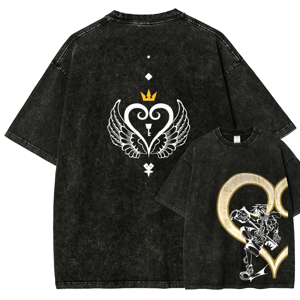T-shirt délavé Kingdom Hearts, vêtements pour toute l'année, vêtements de caractère, grande taille, 