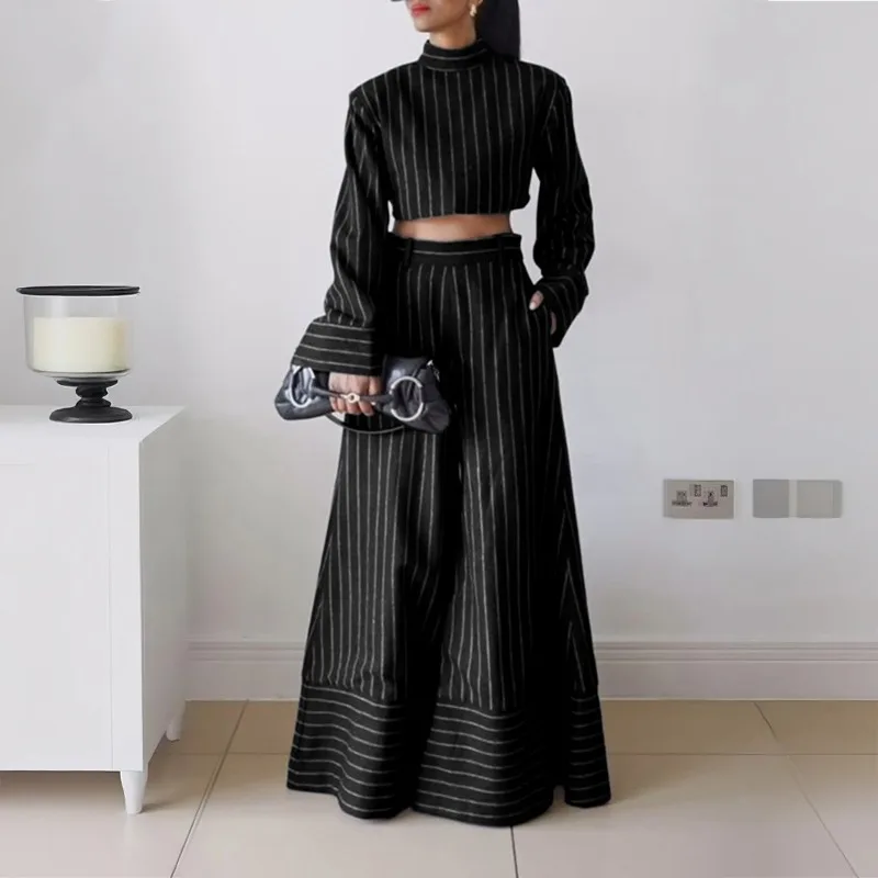 

Gymystars, осенние женские комплекты брюк в полоску, модные полосатые блузки с длинными рукавами и высоким воротом, свободные широкие брюки, женские комбинезоны