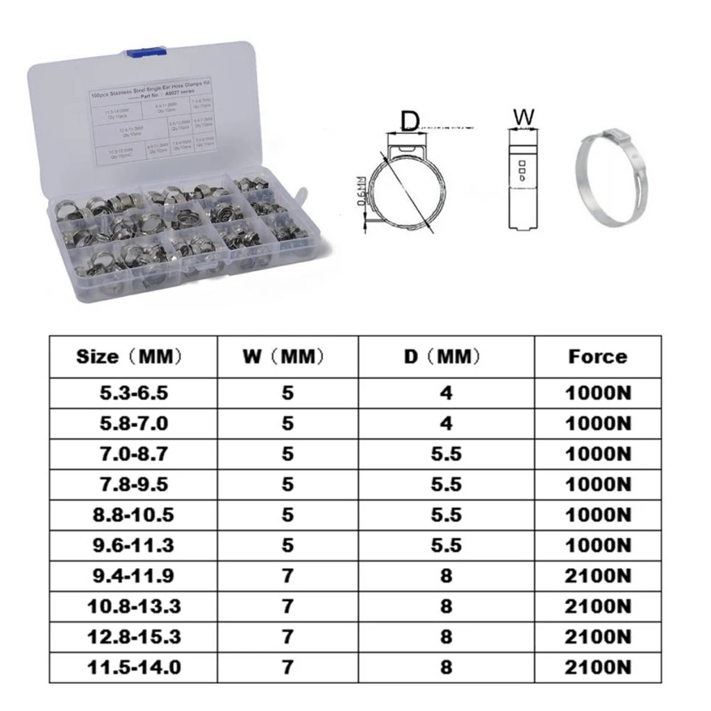 100pcs Adjustable Stainless Steel Single Ear Fuel Hose Clamps O Clips