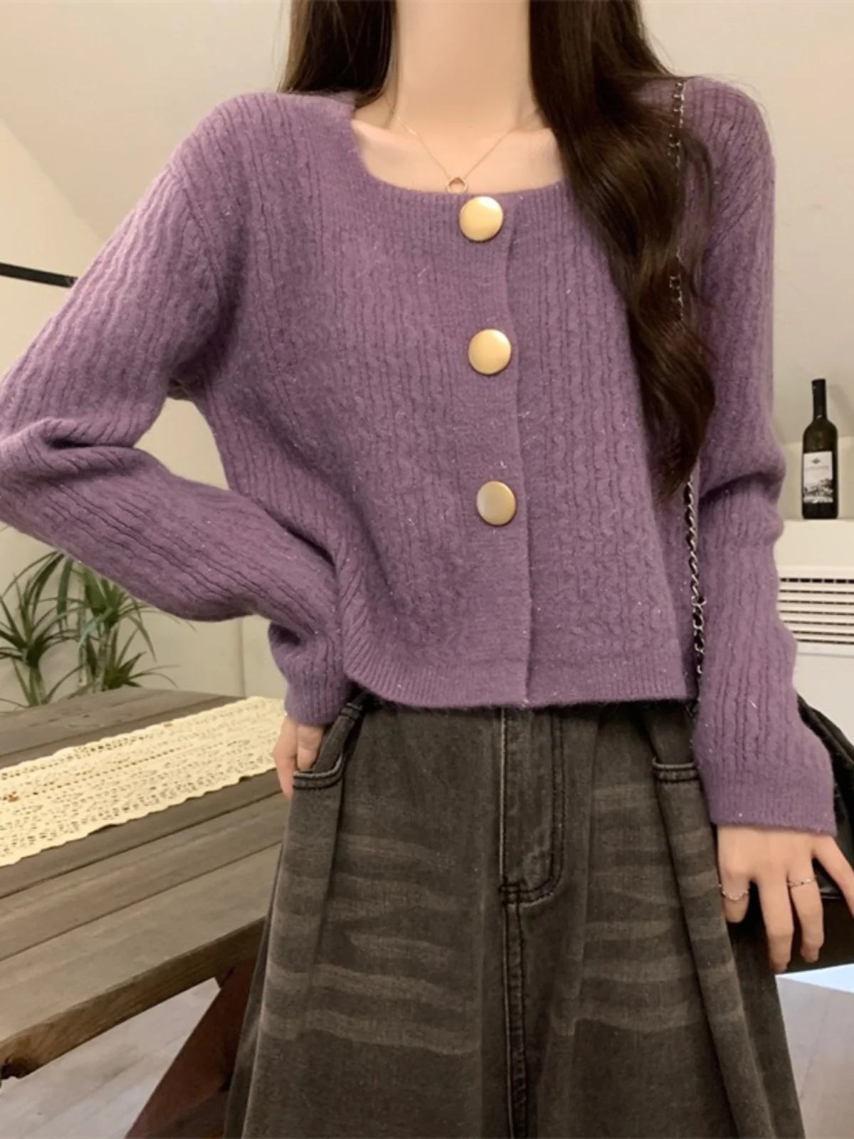 

Вязаный свитер с высокой талией, тюжет, свободный квадратный воротник, теплая весенне-осенняя верхняя одежда, модный открытый кардиган для женщин