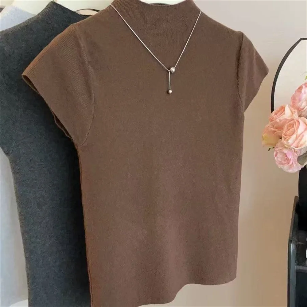 

2024, весенне-осенняя базовая водолазка, однотонный тонкий летний пуловер, женский вязаный свитер, тонкий облегающий свитер с короткими рукавами