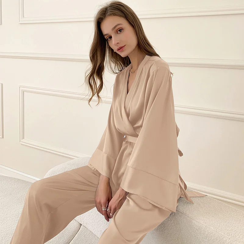 New Design Pajamas Women Spring Summer Long Sleeve French Ice Silk Satin Chiffon Thin Long Sleeves Home Wear Sets