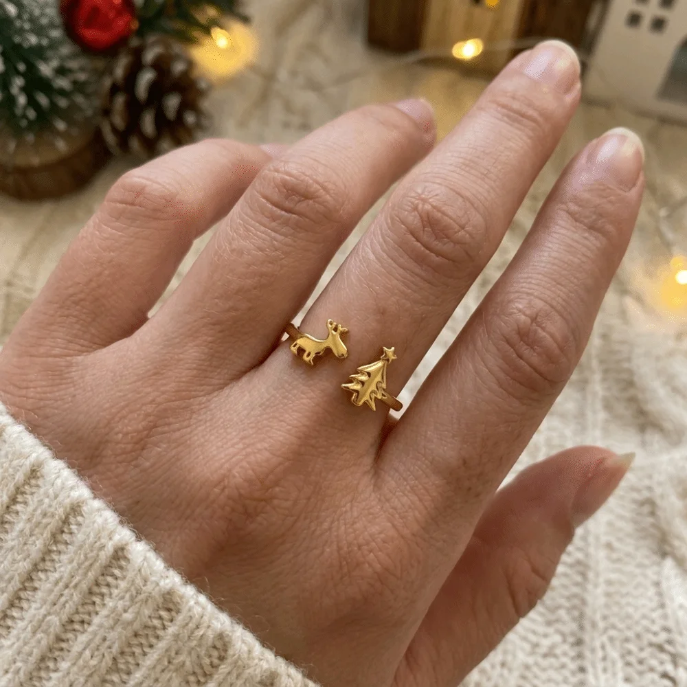 Fashion Unique Christmas Tree Ring Retro Lightweight Reindeer Ring Delicate Stackable Adjustable Ring Festival