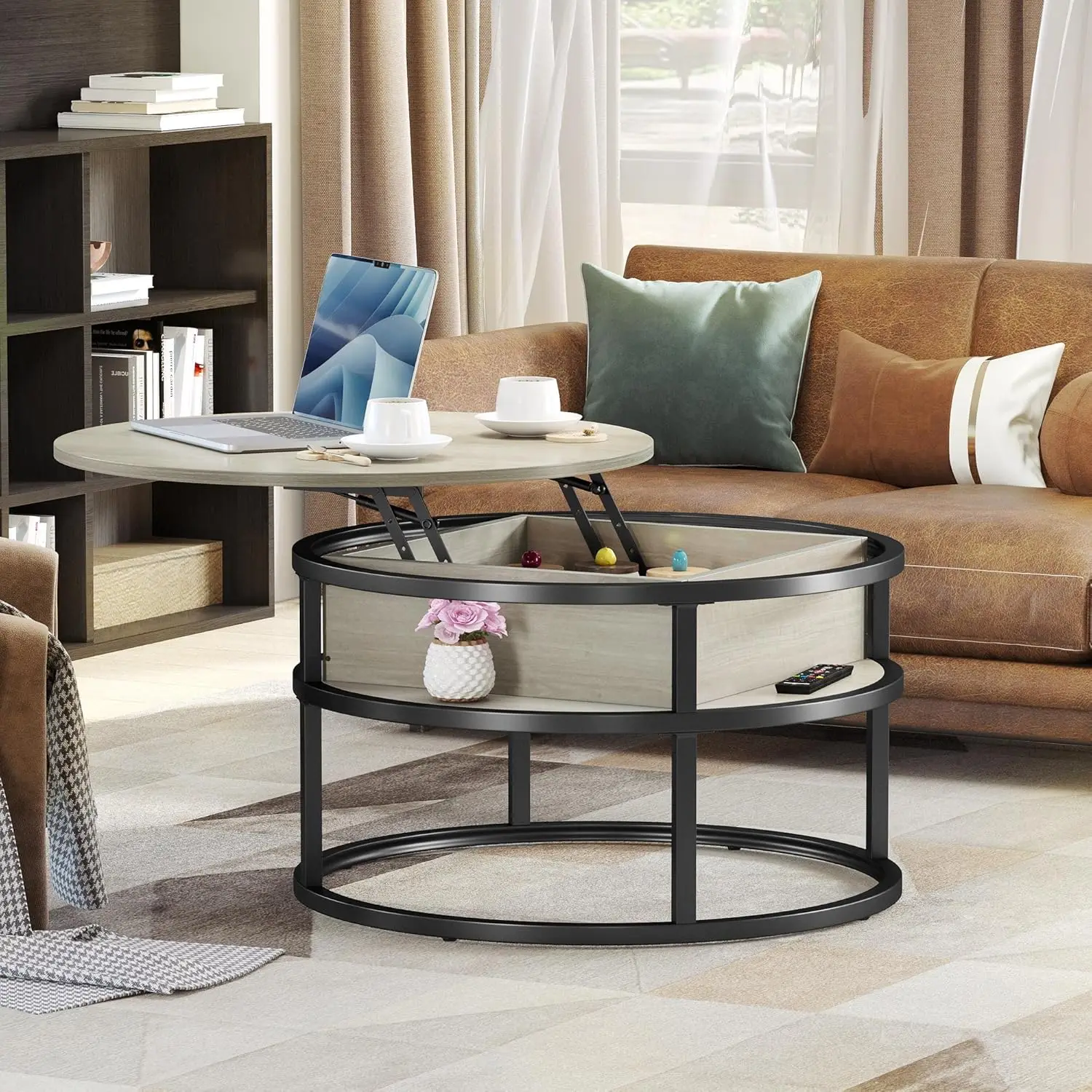Round Lift Top Coffee Table, Coffee Tables for Living Room with Hidden Storage Compartment, Modern Coffee Table with Storage