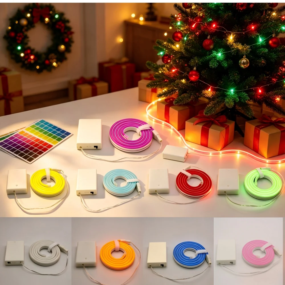 3 Aa Battery-Powered Neon Led Light Strip, 1M/2M/3M/4M/5M, Flexible Neon Light Sign, with Battery Box (Batteries Not Included), Suitable for Bedroom, Kitchen, Tv Background Wall |   Christmas, Halloween, and Birthday P gallery 5