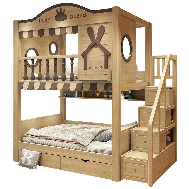 

Children's bed girl two-layer wood wood wax oil on and off bed high guardrail with width small apartment child and mothercastle