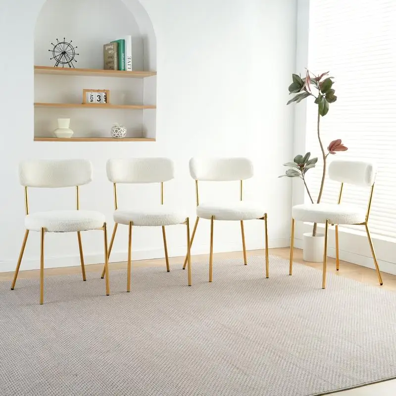 طقم كراسي طعام حديثة مكون من 4 قطع، قماش تيدي أبيض، أرجل ذهبية، كرسي غرفة نوم المطبخ المنزلي البسيط، كرسي الملابس وكرسي الطلاب #2