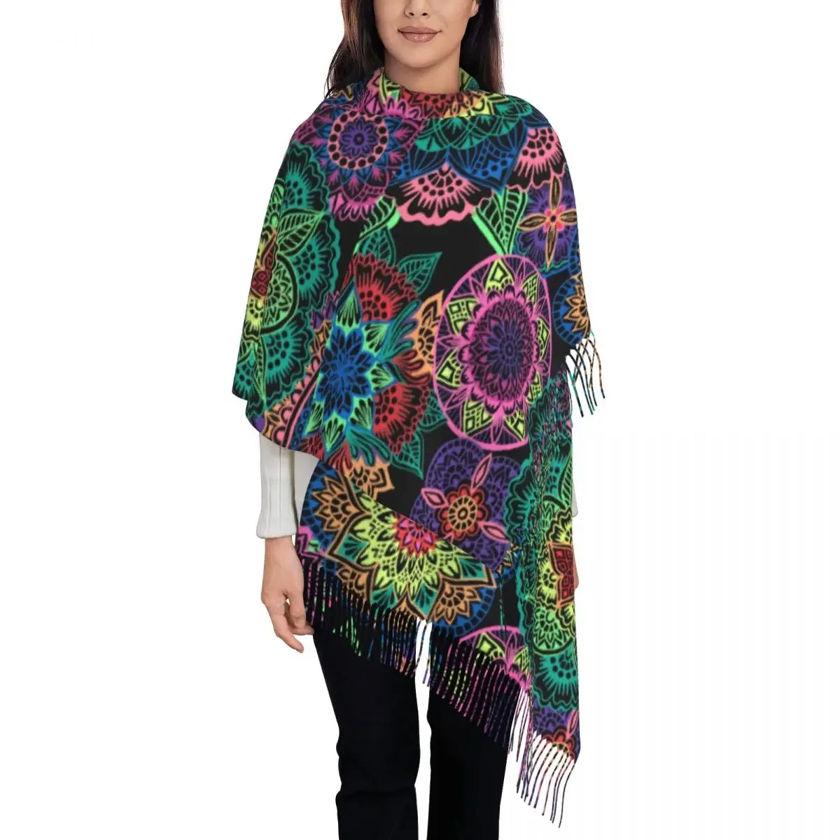 Neon Mandala Scarf Colorful Floral Print Outdoor Shawls and Wrap with Tassel Women y2k Cool Scarves Wraps Winter Bufanda Mujer