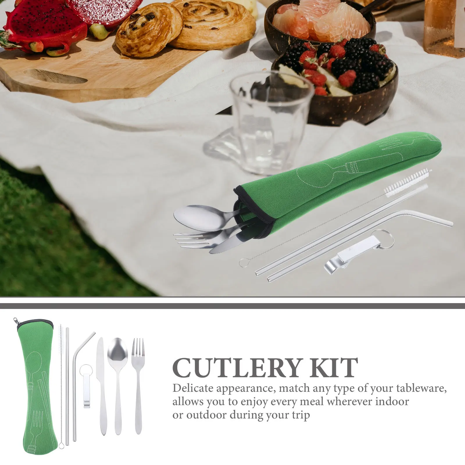 

1Set Exquisite Reusable Tableware Kit Stainless Steel Forks Spoons Portable Kitchen Utensils Fade Resistant Easy Clean