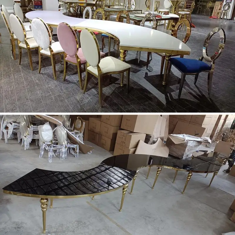 

Large round table, decoration, wedding table hotel banquet hall, tempered glass dining table and chairs S-shaped combination