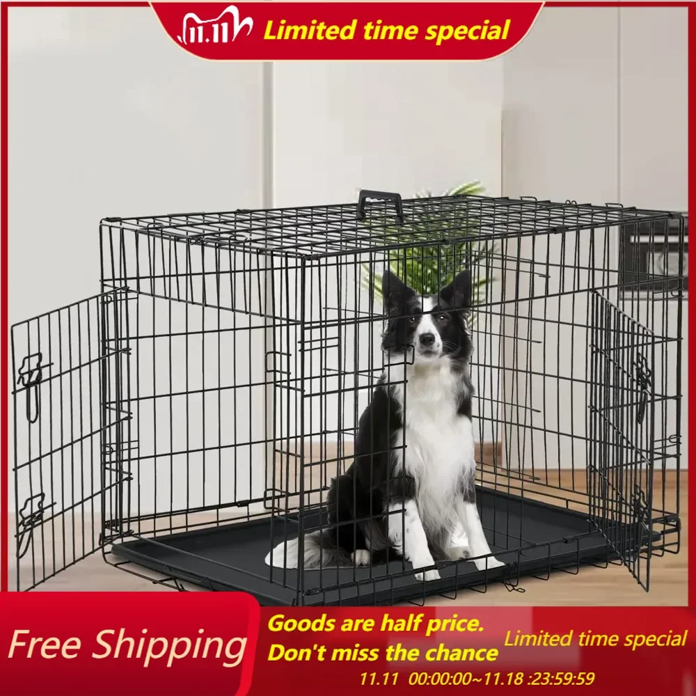 48 Inch Dog Crate Dog Cage for Large Dogs Folding Mental Wire Dog Kennel Outdoor and Indoor with Double-Door Divider Panel