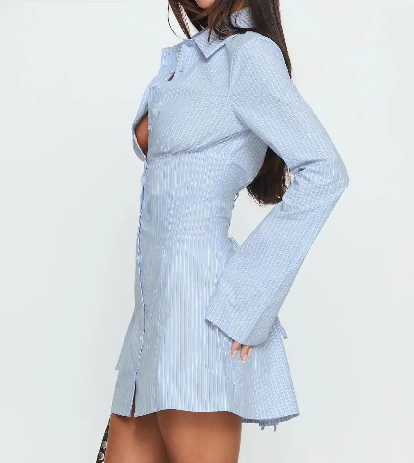 Summer Women's Y2K Shirt Dress Slimming Waist Short Skirt Mini Dress High Waistline Flirty Style Full Sleeve Regular Collar