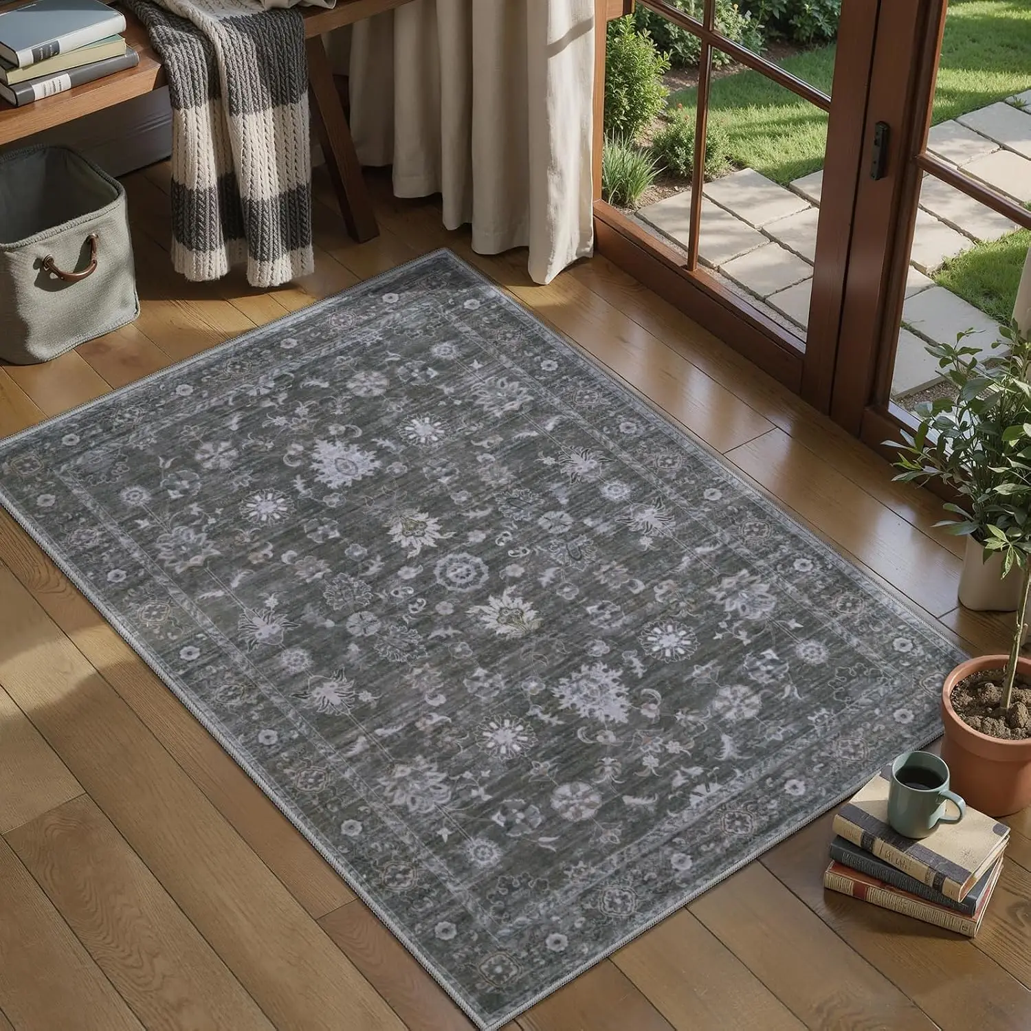 Washable Grey Entryway Rug, Vintage Floral Distressed Boho Door Mat, Non Slip Soft Small Carpet for Bedroom Kitchen Foyer