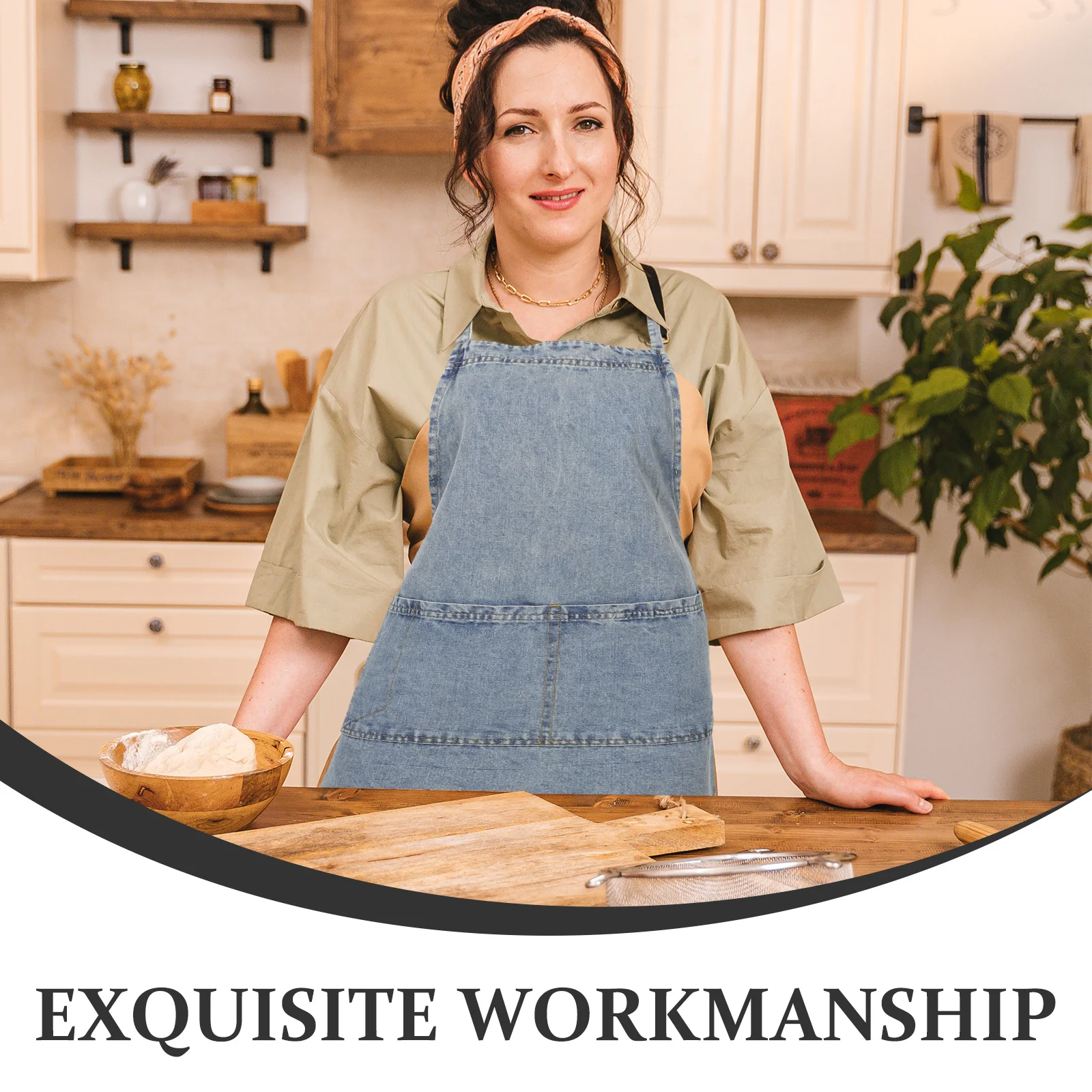 Kitchen Denim Apron Women Vintage Style Cooking Baking Restaurant Server Workwear Large Pocket Wear Resistant Easy Clean