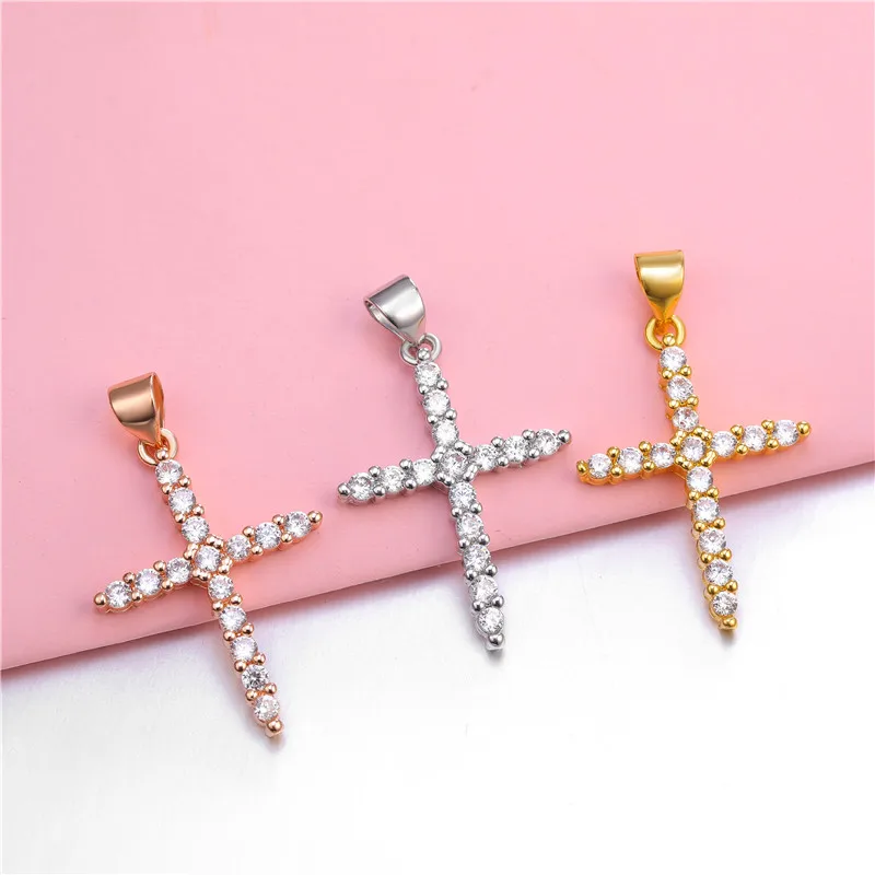 Juya 4Pcs/Lot 18K Gold Plated Handmade Cubic Zirconia Christian Cross Pendants For DIY Women Religious Talisman Jewelry Making