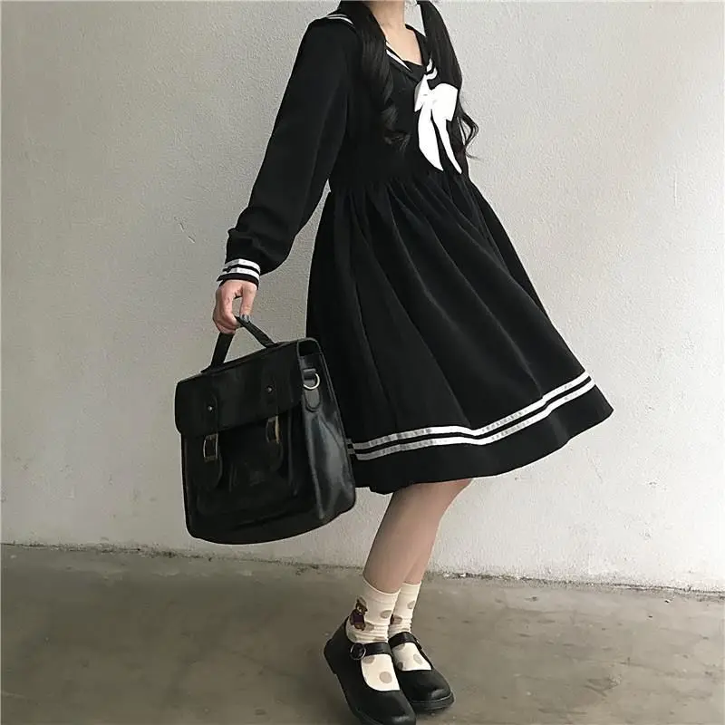 Preppy Style Korean Loose Long Sleeve Spring Autumn New Sailor Collar Bow Sweet Age Reduction Solid Color Vintage Dress Female