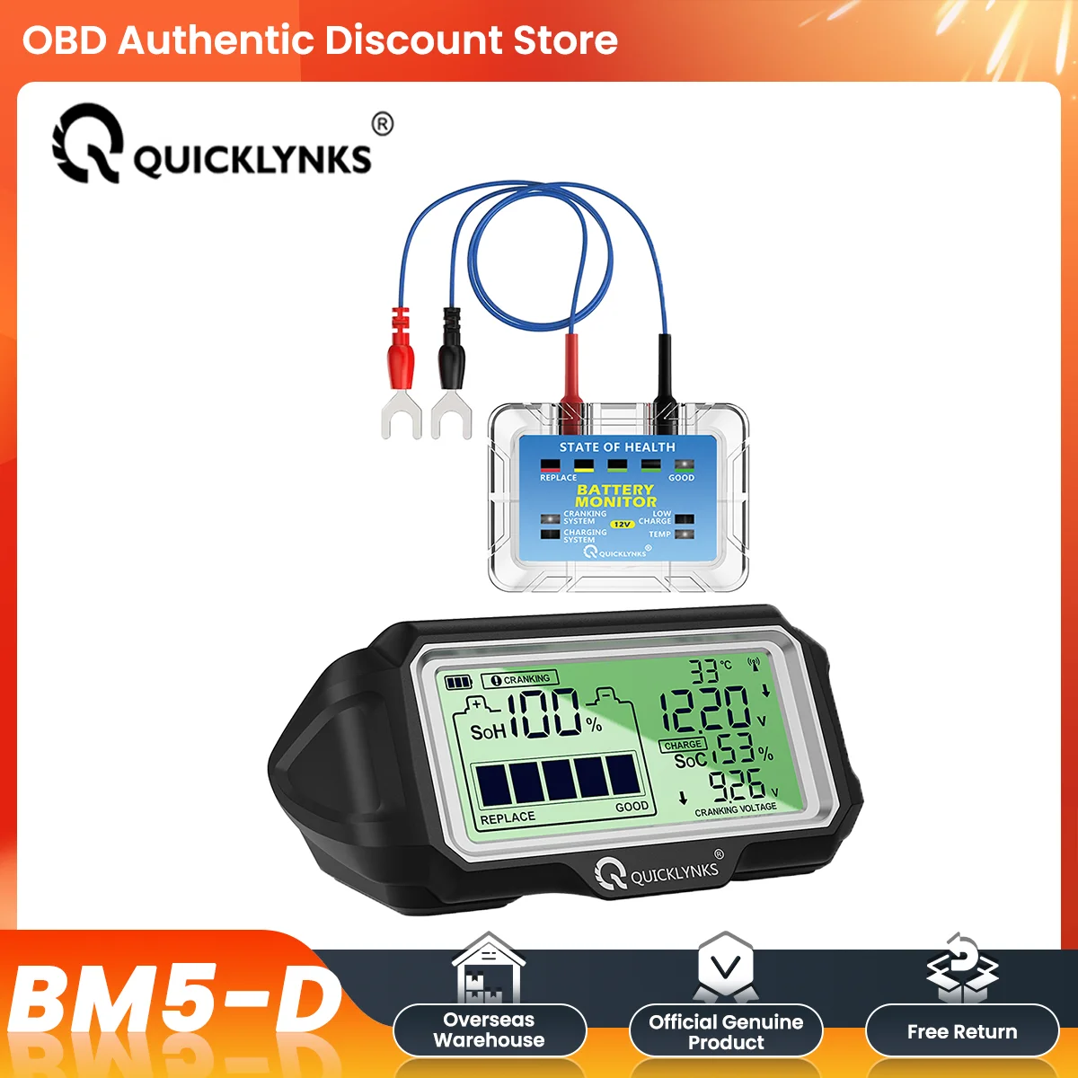 QUICKLYNKS BM5-D 12V Car Battery Tester Monitor LED Display SOH SOC Professional Battery Health Analyzer  Charging tester Tool