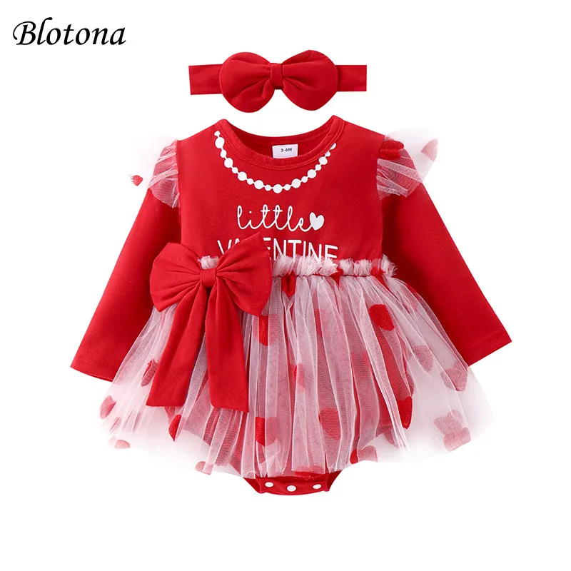 

Blotona Baby Girls Valentine's Day Romper Long Sleeve Crew Neck Heart Letter Print Tulle Patchwork Romper Dress with Headband