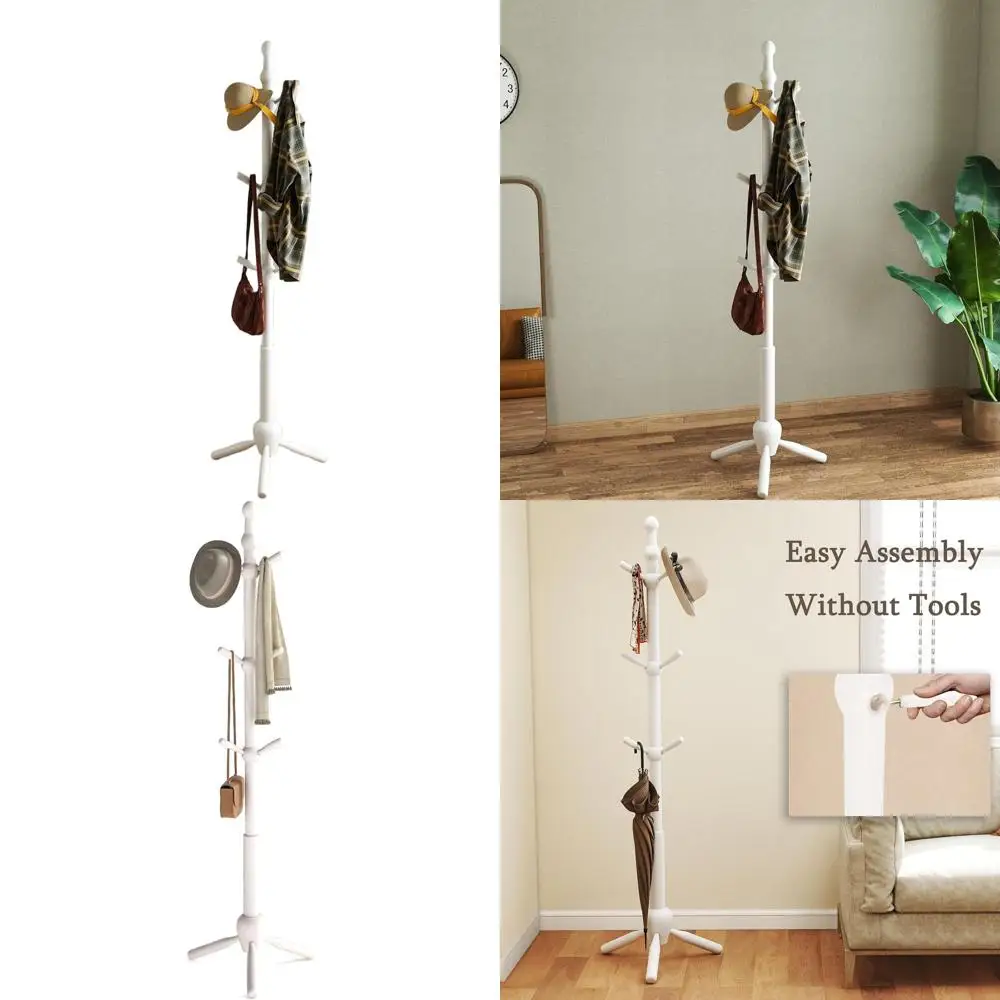 

Modern 9-Hook Solid Wood Coat Stand, Adjustable and Sturdy for Home or Office, White
