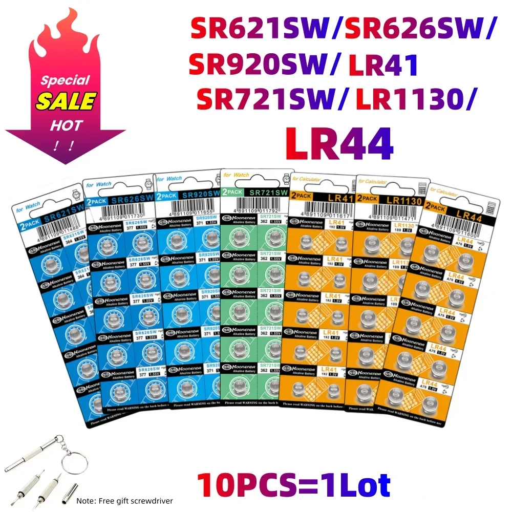 10PCS 1.5V G13 LR44 Button Batteries LR41 LR1130 LR626 SR621SW SR626SW SR920SW SR721SW Alkaline Battery Cell Coin for Watch Toy