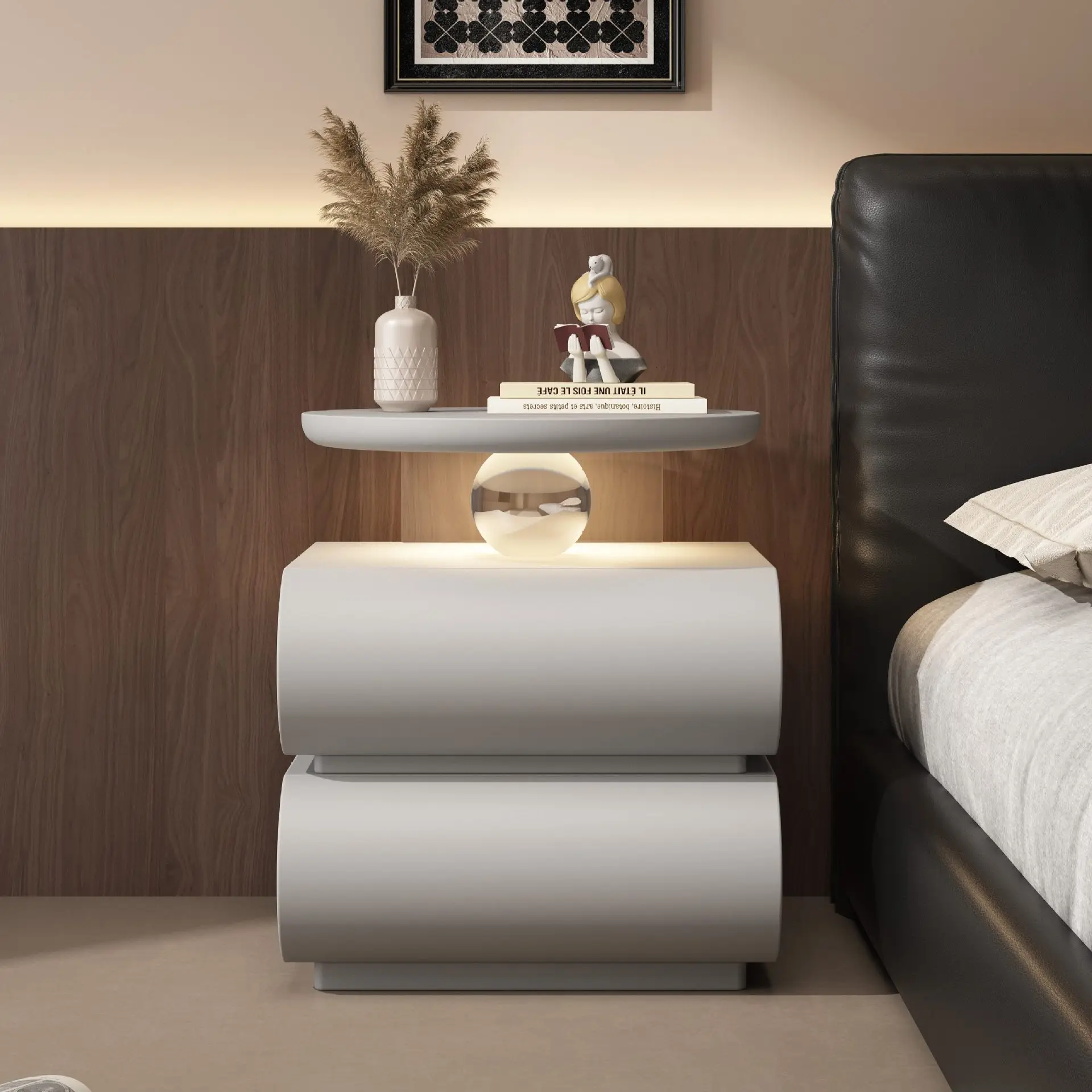 Solid wood bedside table, acrylic crystal ball sensor light, niche design for bedrooms
