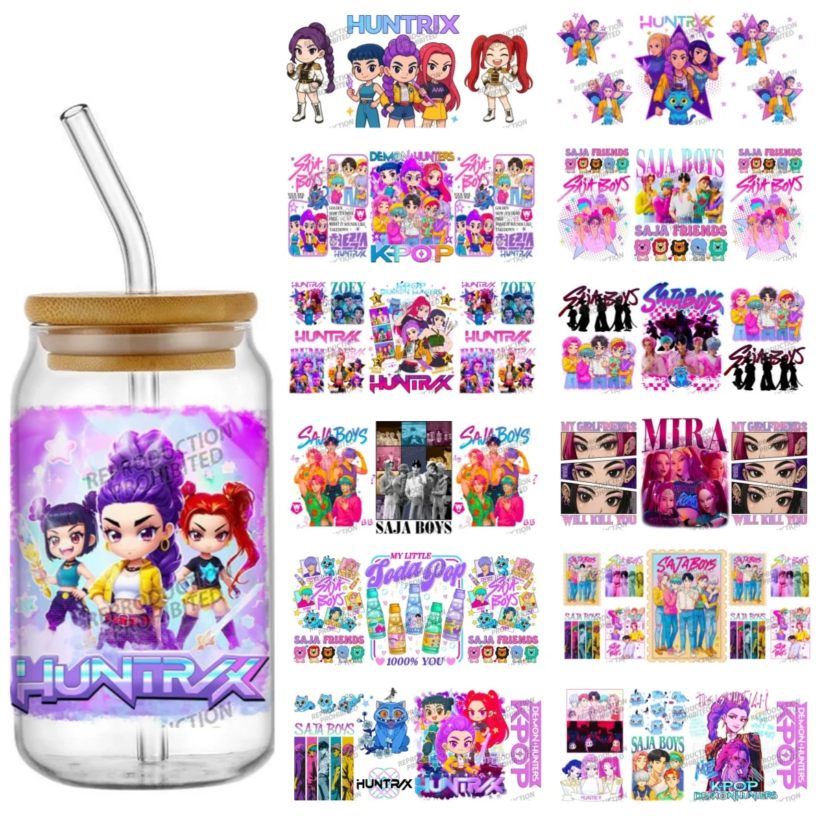Funko Cool KPOP Hunter girls design uv dtf waterproof DIY Decals 3D transfers crystal stickers 16oz uv dtf cup wraps
