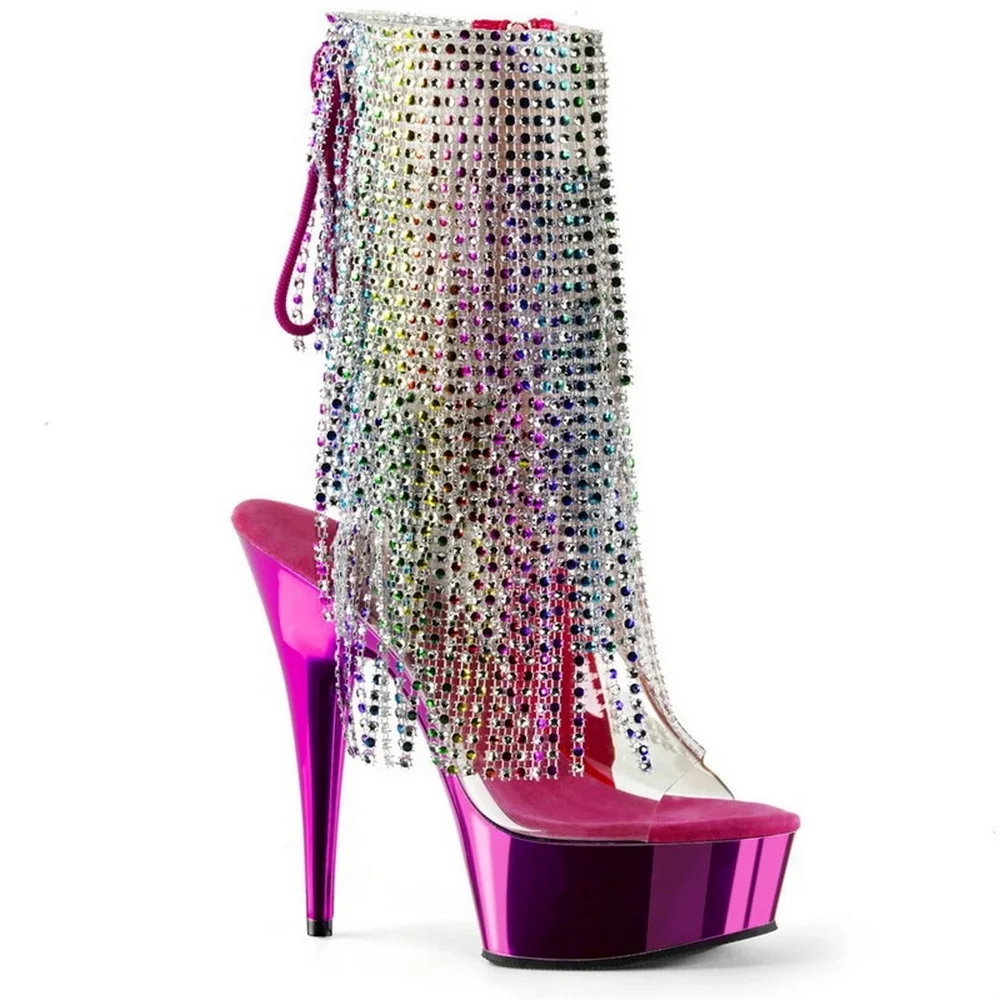 CA 15cm Erotic High Heels Sandals Boots,Women Sexy Tassels Summer Shoes,Pole Dance Platform Botas,Purple,Black,Silver,Dropship