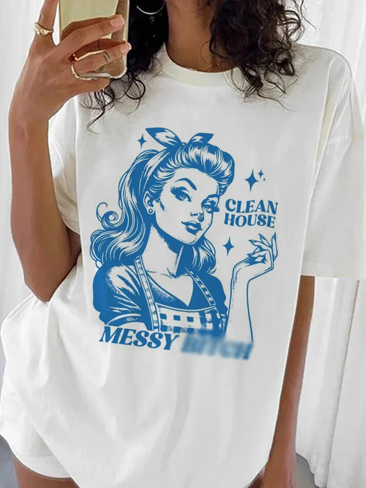 Funny Clean House Messy T-shirt Womens Y2k Harajuku Cartoon Cute Print O-neck Short-sleeved Tops Aesthetic Clothes Womens