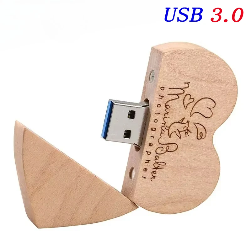Wedding Love Free Custom Logo Wooden Gift Box USB 3.0 Flash Drive High Speed Pen Drive Maple Real Capacity Memory Stick 64GB