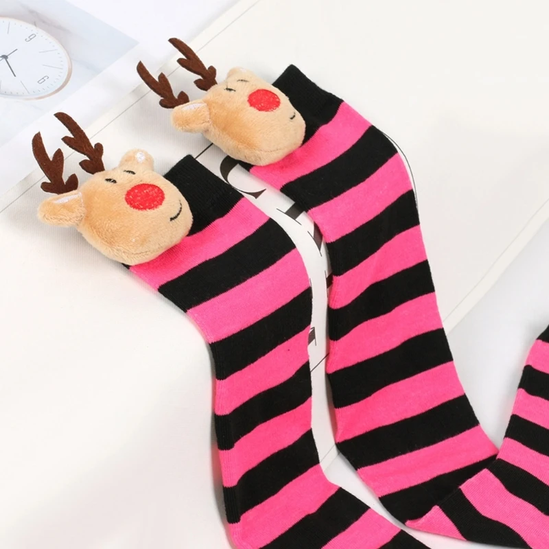 Girls' Stripe Thigh High Over The Knee Socks Christmas Stockings Elk Over The Knee Socks Cute Cartoon Doll Long Socks