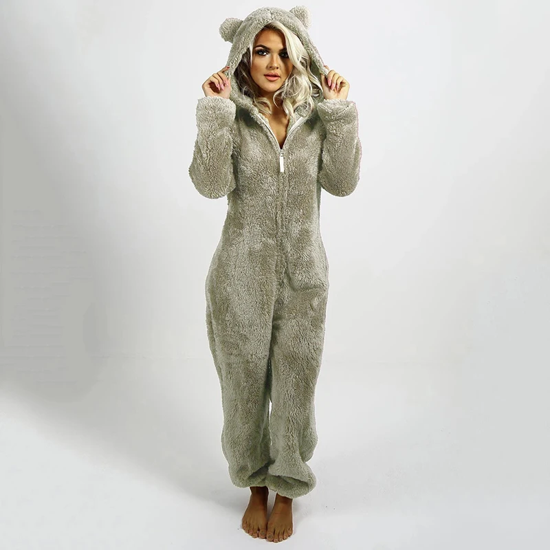 Women Hooded Sleepwear Onesies Fluffy Plush Thermal Warm Hoodies Jumpsuits Rompers Loose Zipper Bodysuits Pajamas Overall 5XL