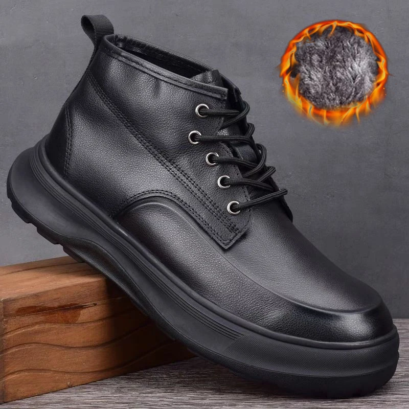 

Genuine Leather Shoes Men Plush Fluff Casual Snow Boots Outdoor High Top Sneakers Plus Cotton Workwear Walking Winter Warm 45 37