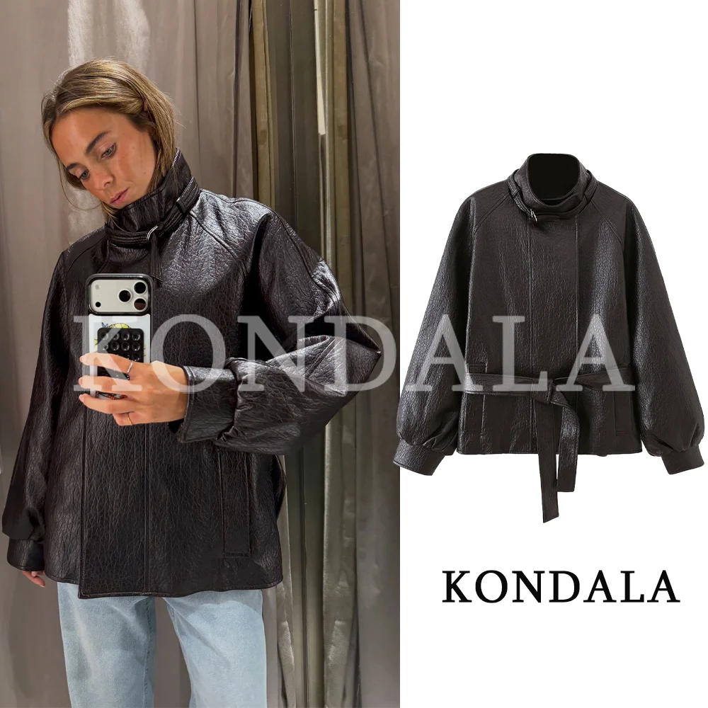 KONDALA Damen Trendige Lederjacke mit Gürtel, Taschen und Stehkragen, Neue Mode 2026 Herbst Winter Streetwear, Locker Sitzende Kurze Jacke