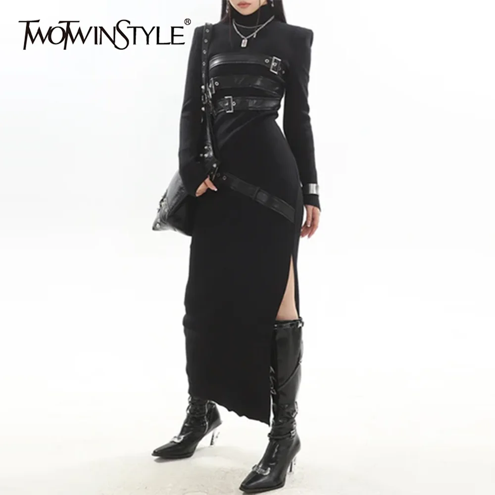 

TWOTWINSTYLE черное базовое платье с поясом, женская водолазка с длинным рукавом, утягивающие женские длинные платья, летний стиль, мода