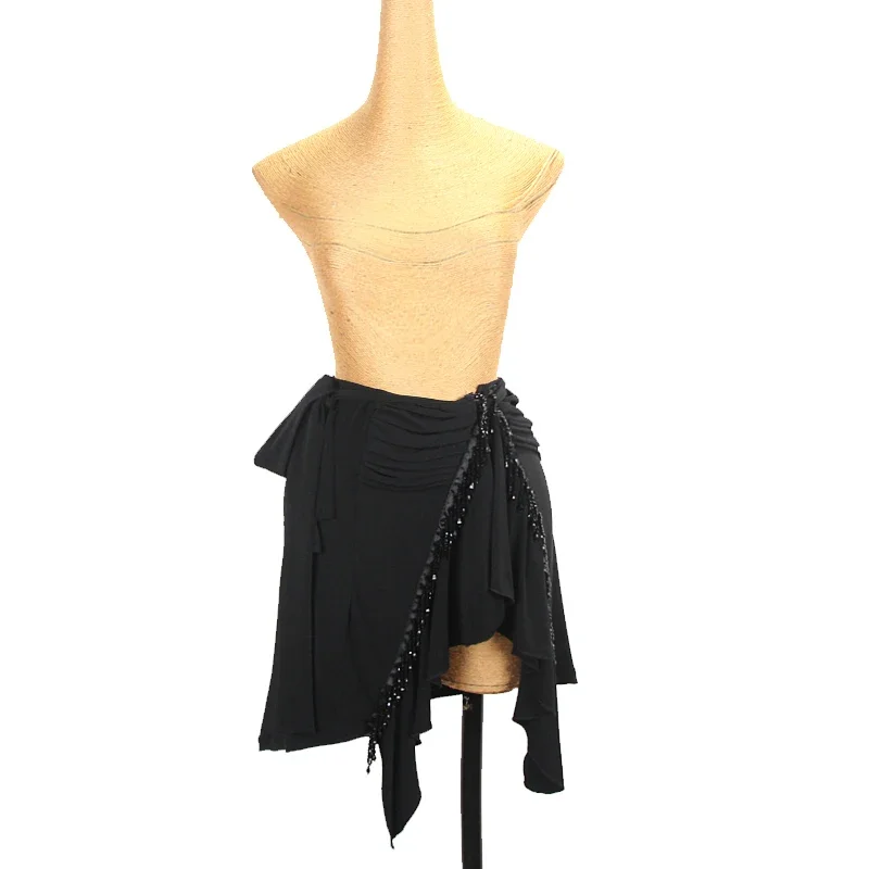

New Latin Dance Skirt Women Sequined Tassel Hip Scarf Adult Cha Cha Rumba Samba Dance Practice Clothing Black Skirt DNV19100