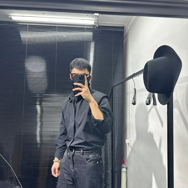 Avant-Garde Design Shoulder Decoration Casual Shirt Men's Pu Handsome High Sense Loose and Net Red Black Long Sleeve