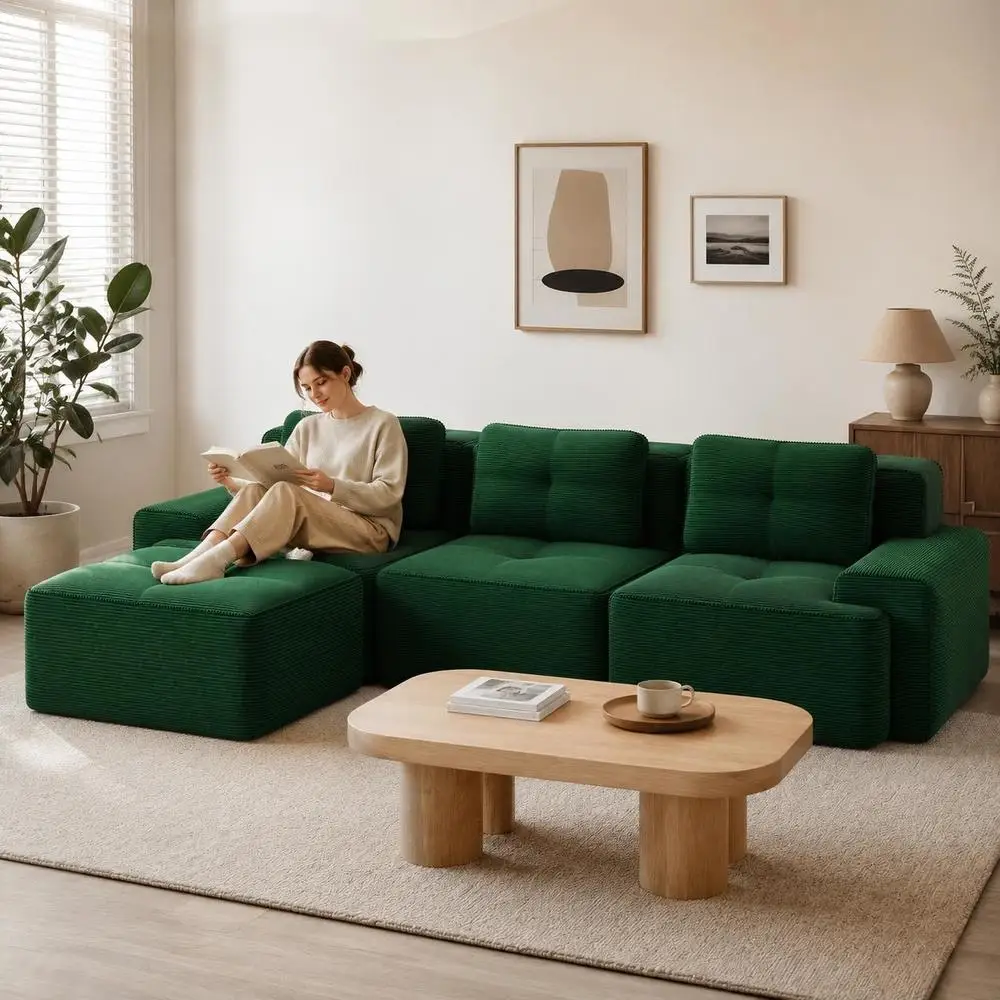 Canapé modulaire en forme de L, 3 places, en velours côtelé, avec ottoman, canapé sectionnel sans assemblage pour salon, vert