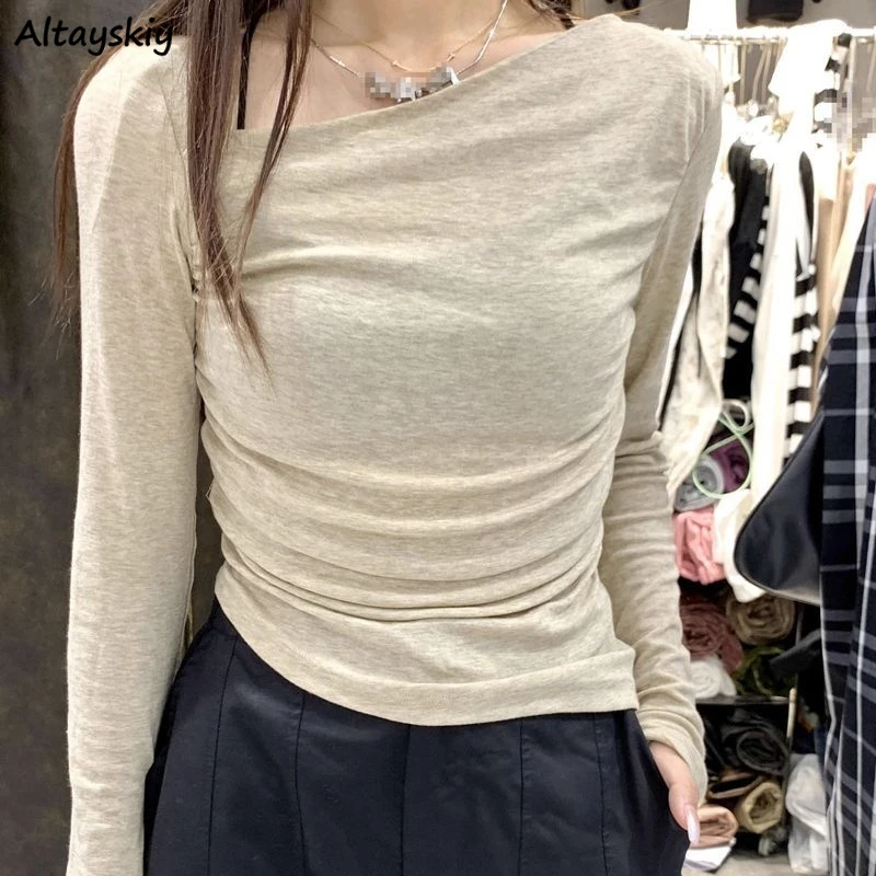

Long Sleeve T-shirts Women Slim Skew Collar Irregular Breathable Folds Elegant Simple All-match Tops Korean Style Tender Chic