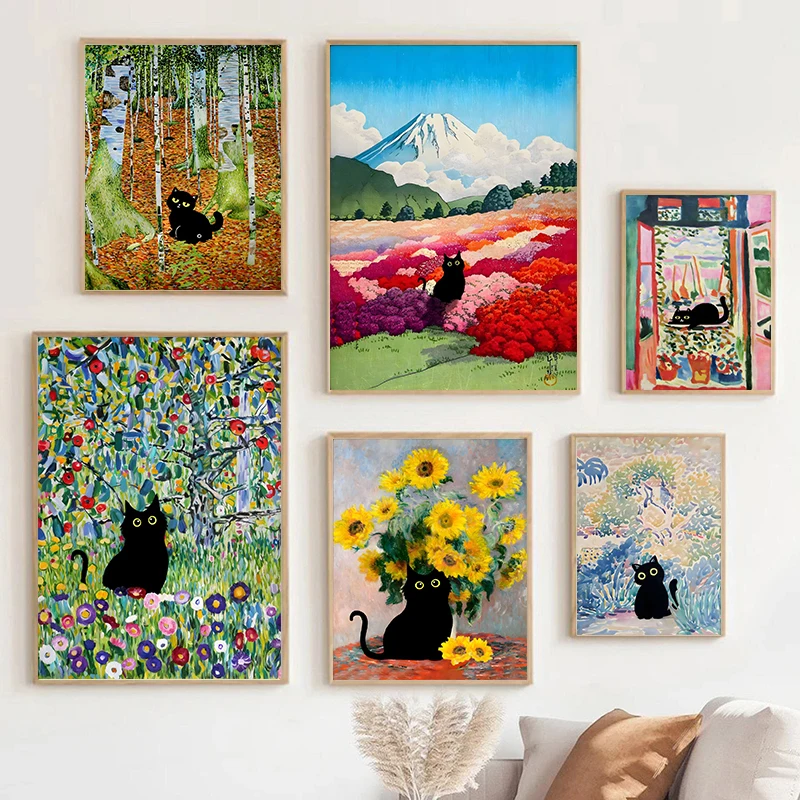 Funny Black Cat World Famous Painter Monet Van Gogh Gustav Masterpiece Artwork Poster Canvas Painting Wall Art Home Room Decor