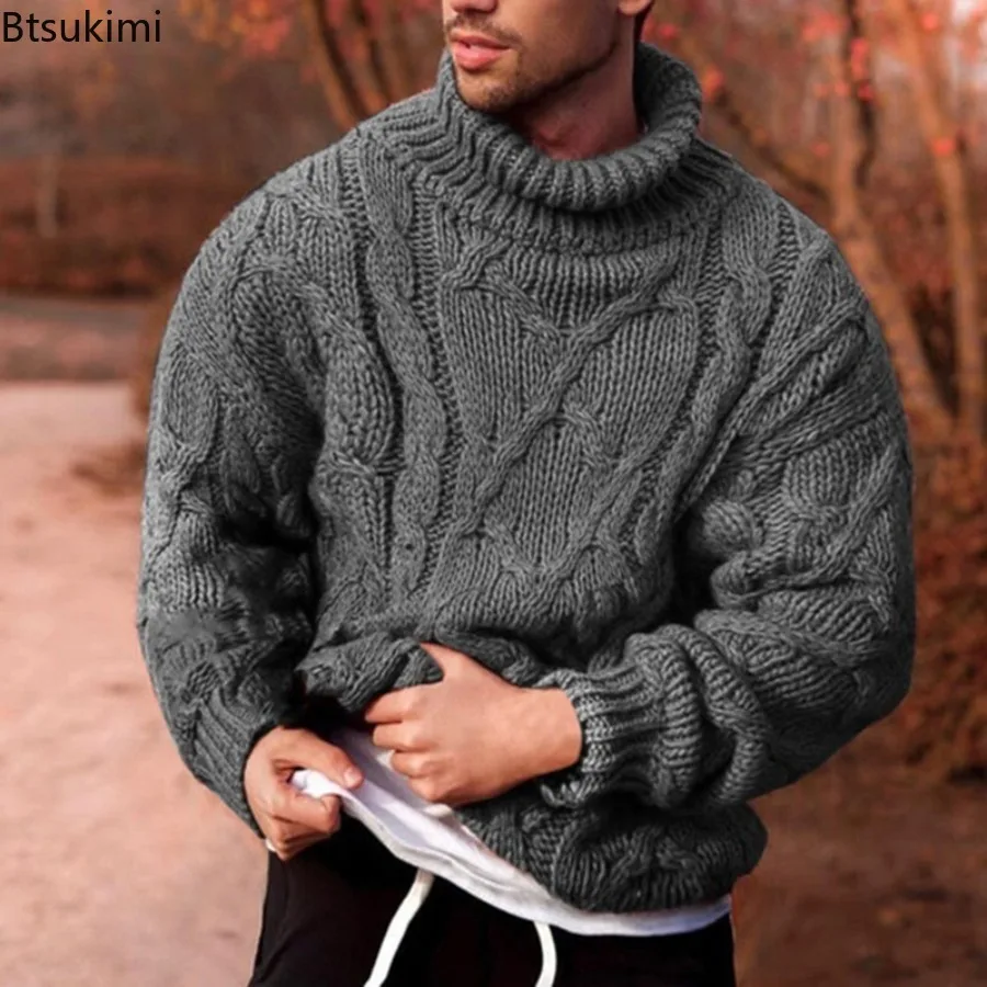 Men's Turtleneck Knitted Pullovers Sweater Autumn and Winter Braided Sweater Casual Solid Slim Fit Jumper Knitwear Pull Homme
