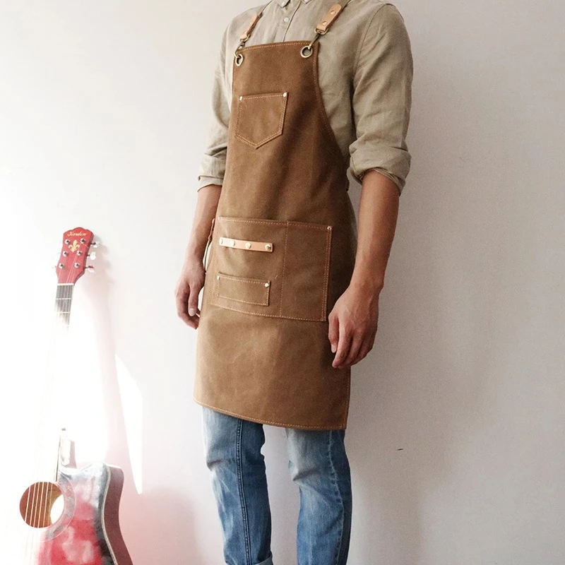 

Fashion Canvas Bib Leather Chef Kitchen Apron Women Men Barista Bartender Pockets Home Barber Coffee Restaurant Potective Suit