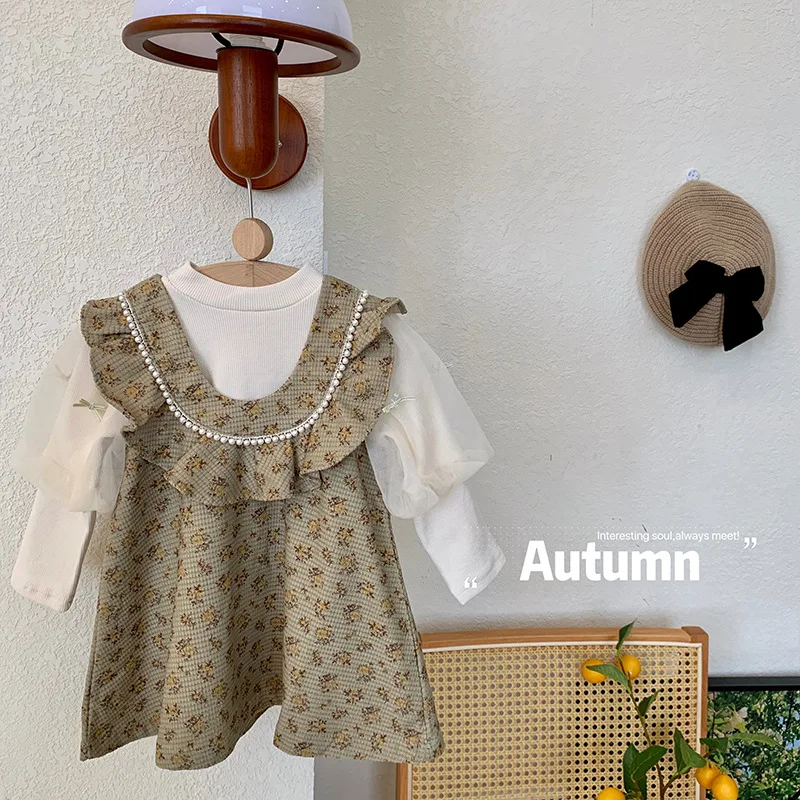 

Girls Dress Set Autumn Style Children's Clothing Baby Girl Floral Vest Dress Bowknot Base Shirt Two-Piece Set