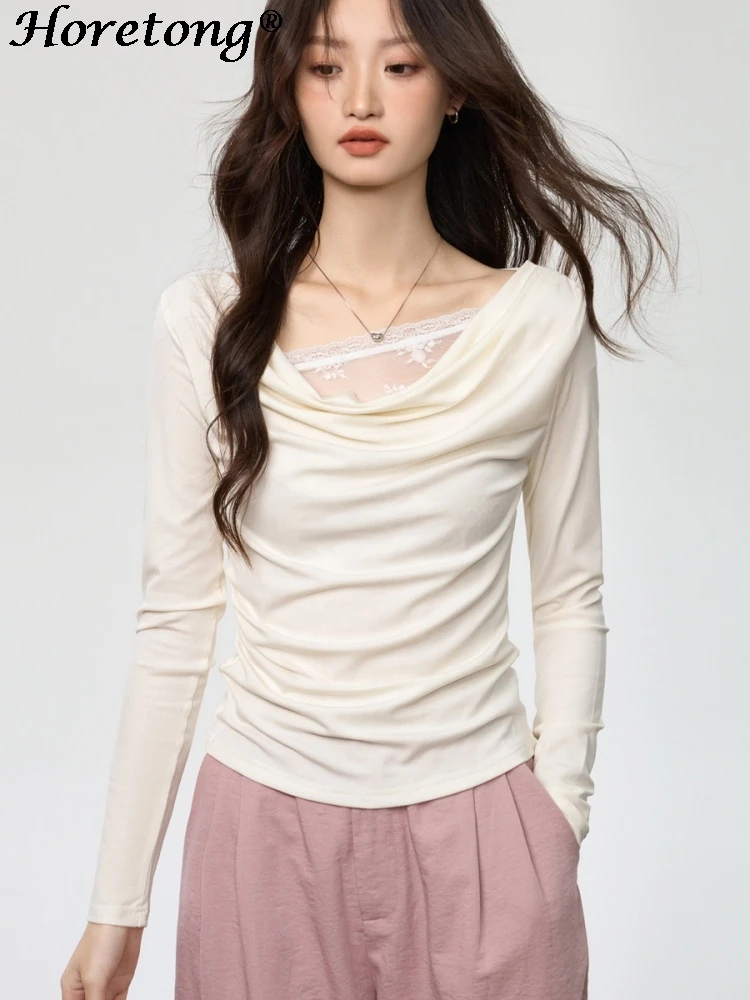 

Horetong Women Lyocell Long Sleeve Top Cowl Neck Lace Trim Fake Two Piece Ruched Slim Fit Elegant Casual Autumn Blouse Pullover
