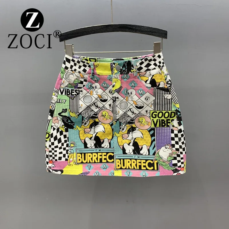 [ZOCI] Cartoon Pattern Printed High Waisted Denim Short Summer Wear 2024 New Style A-line Hip Hugging Skirt