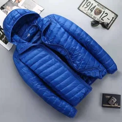 Jaqueta masculina ultra leve com capuz, casaco puffer fino, 90% branco para baixo, novo, outono, inverno