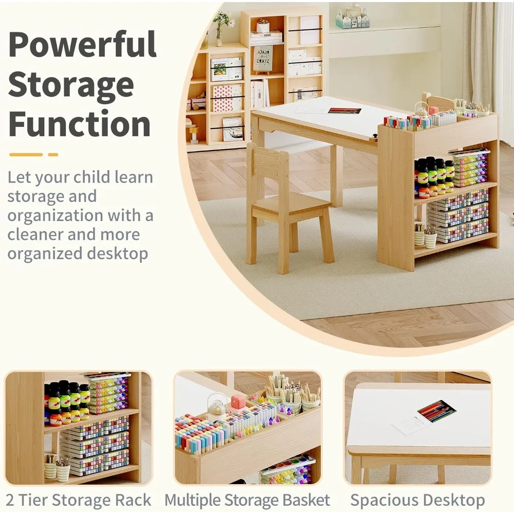 Kids Art Table, Wooden Kids Craft Table for Playroom, Kids Activity Table with 2 Chairs, 4 Storage Baskets, 2 Rows of Storage