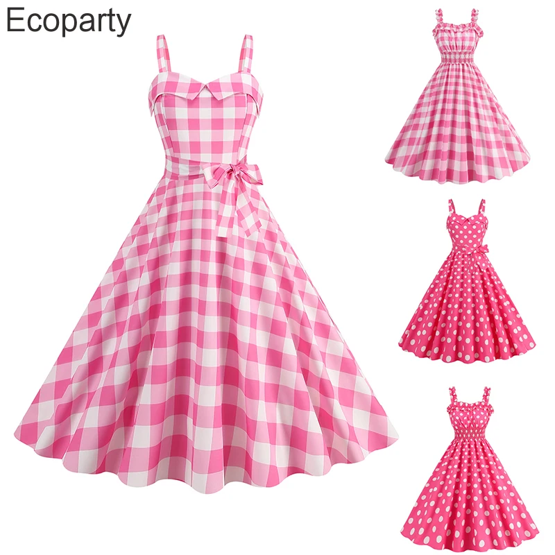 

2023 Elegant Vintage Hepburn Dress For Women Summer Lovely Plaid Dot Pink A-Line Suspender Dress Girls Kawaii Lolita Dresses