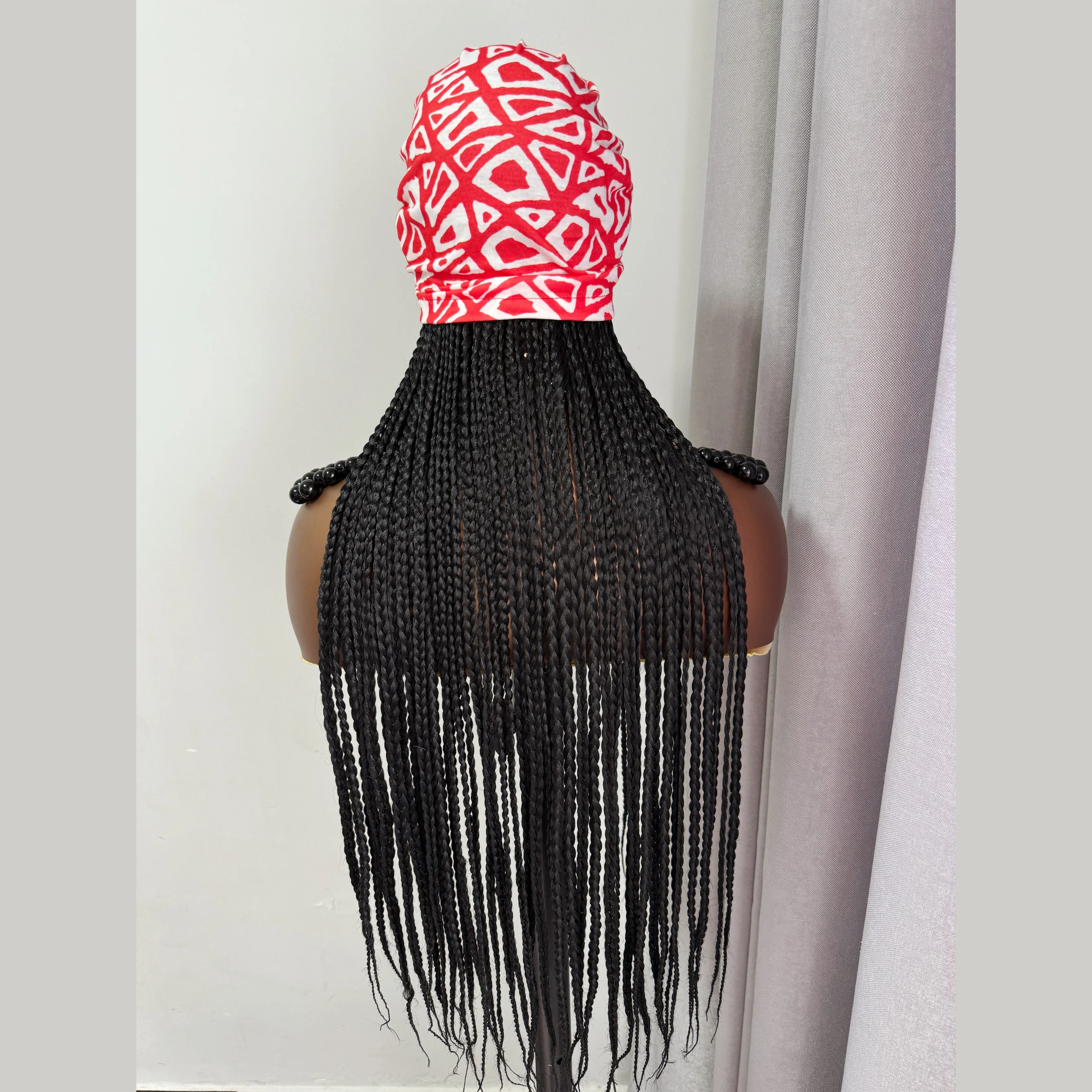 WIGERA Long Black Braided Synthetic Wig With Hot Red Headband Turban Hat Box Braiding Hair Extensions Head Scarf  Easy Hairstyle