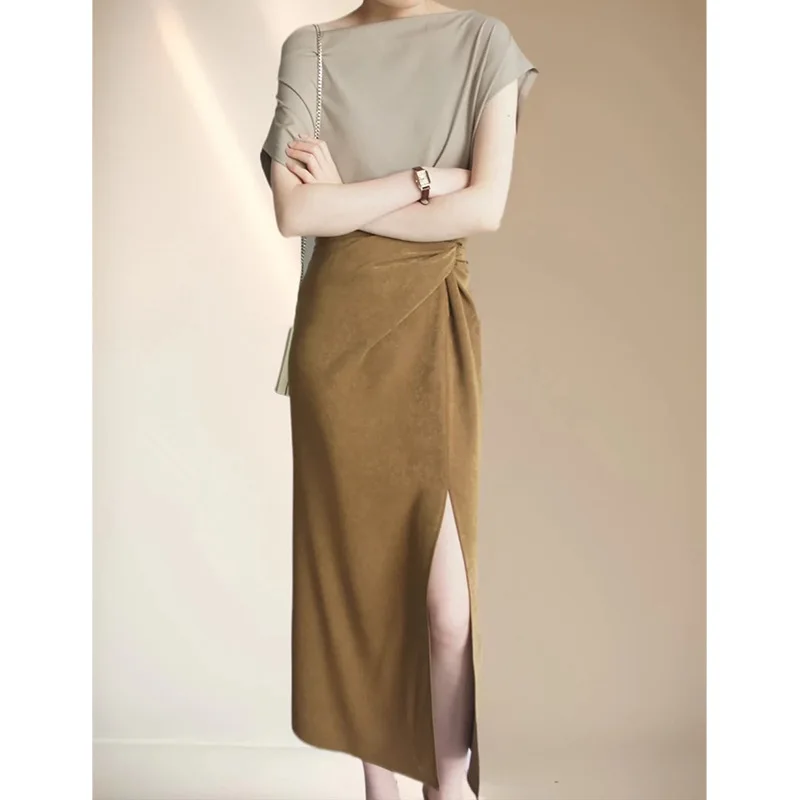 

High Waist Over The Knee Skirt Temperament Suit Women High Cross